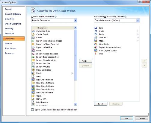 Microsoft Office Quick Access Toolbar Customization Options Dialog