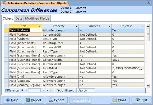 Microsoft Access Table Comparison Showing Field, Property and Data Differences