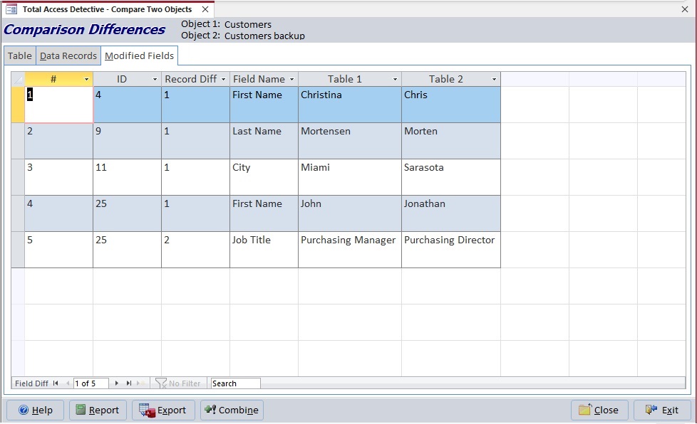Microsoft Access Table Field Differences