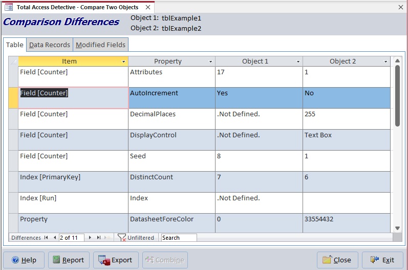 Microsoft Access Table Comparison Showing Field, Property and Data Differences