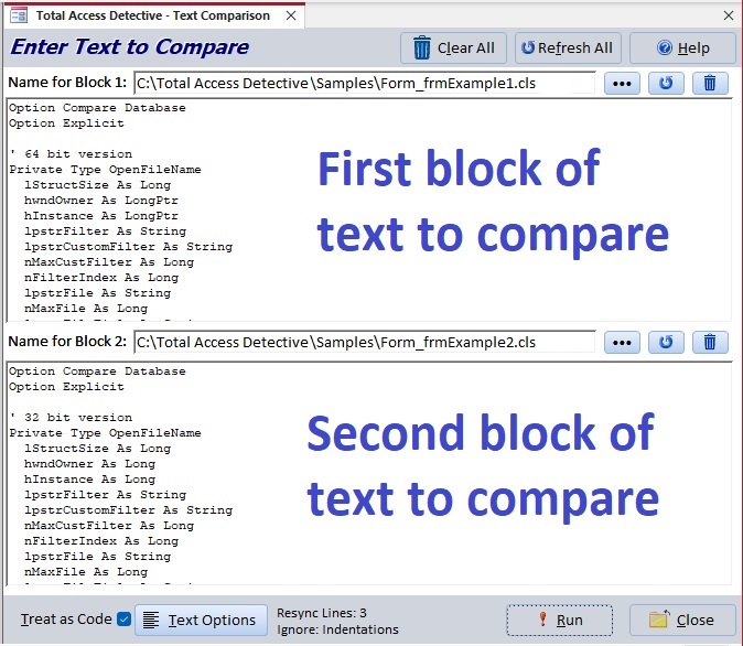 Compare Any Two Blocks of Text as VB6/VBA Modules or Classes for Differences