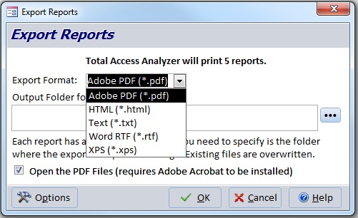 Export Reports to Multiple File Formats: such as Adobe PDF, HTML, Snapshot, Text, RTF, or XPS Export Reports to Multiple File Formats: such as Adobe PDF, HTML, Snapshot, Text, RTF, or XPS